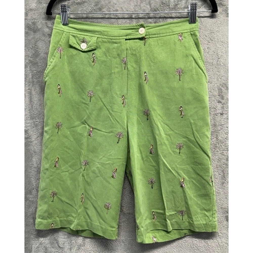 Bobby Chan Green Silk Cotton Embroidered Hula Palm Tree Shorts Womens 4 Tropical